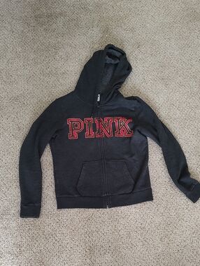 PINK Victoria's Secret Dark Gray Zip Hoodie with Red Logo